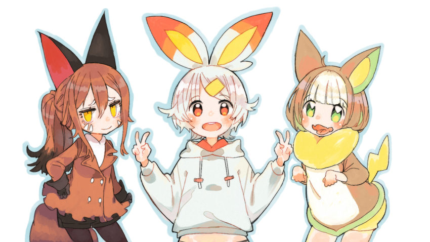 3girls, animal_ears, black_gloves, black_legwear, blush, brown_coat, brown_hair, coat