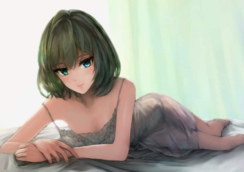 1girl, bare_arms, bed_sheet, blue_eyes, blush, collarbone, curtains, female_focus