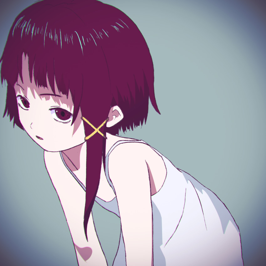 1girl, asymmetrical_hair, brown_eyes, brown_hair, dress, female_focus, hair_ornament, hairclip, highres, iwakura_lain, kobaryo, serial_experiments_lain, short_hair, simple_background, solo