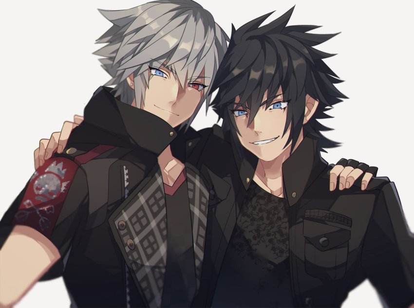 2boys, arm_around_shoulder, bad_id, bad_twitter_id, black_hair, black_jacket, blue_eyes, company_connection