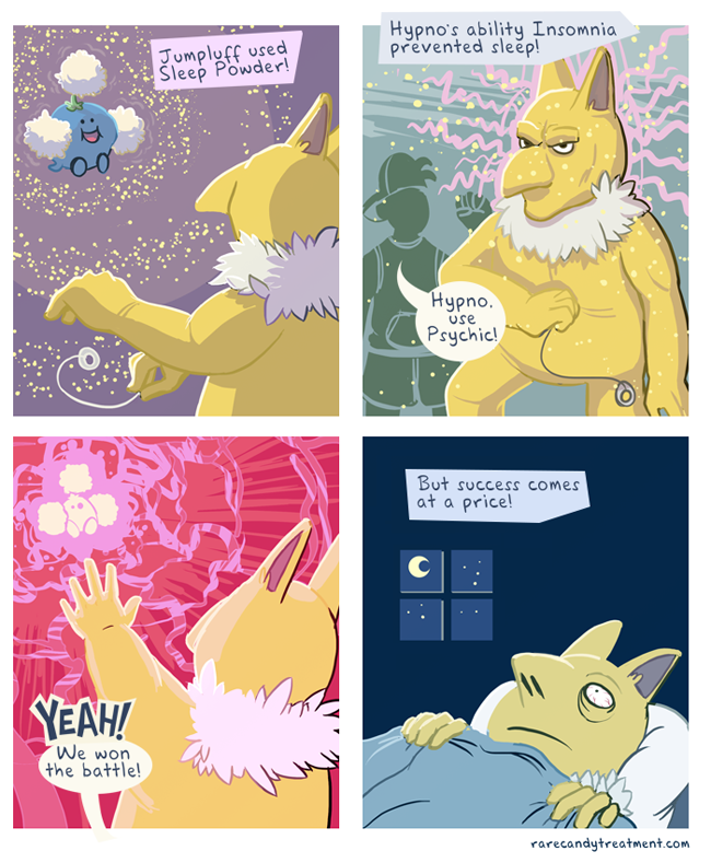 1boy, 4koma, baseball_cap, battle, blanket, bummerdude, comic, commentary, crescent_moon, energy, english_commentary, english_text, ethan_(pokemon), floating, gameplay_mechanics, gen_1_pokemon, gen_2_pokemon, hat, holding, holding_pendulum, hypno, indoors, insomnia_(pokemon), jumpluff, lying, moon, narration, night, nintendo, on_bed, pendulum, pillow, pokemon, pokemon_(creature), pokemon_ability, pokemon_move, powder, psychic_(pokemon_move), shorts, silhouette, sky, sleep_powder_(pokemon), square_4koma, standing, star_(sky), starry_sky, telekinesis, watermark, web_address, window