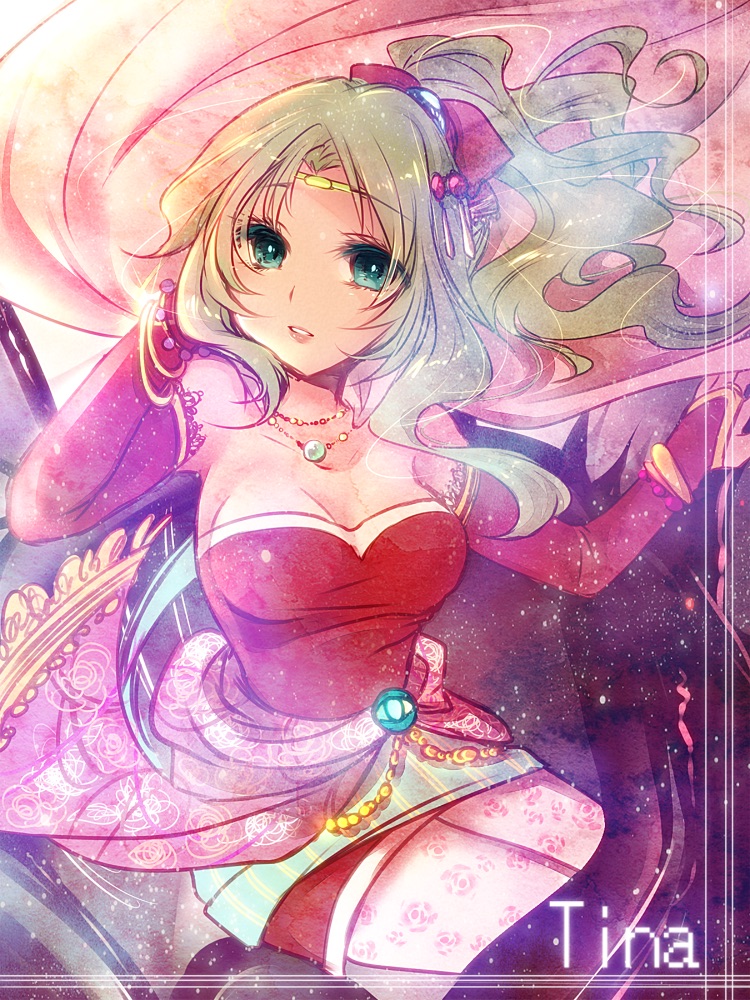 1girl, bare_shoulders, breasts, cape, cleavage, commentary_request, detached_sleeves, dress, elbow_gloves, female_focus, final_fantasy, final_fantasy_vi, gloves, green_eyes, green_hair, jewelry, looking_at_viewer, medium_hair, necklace, pantyhose, ponytail, royaltea87, solo, tina_branford