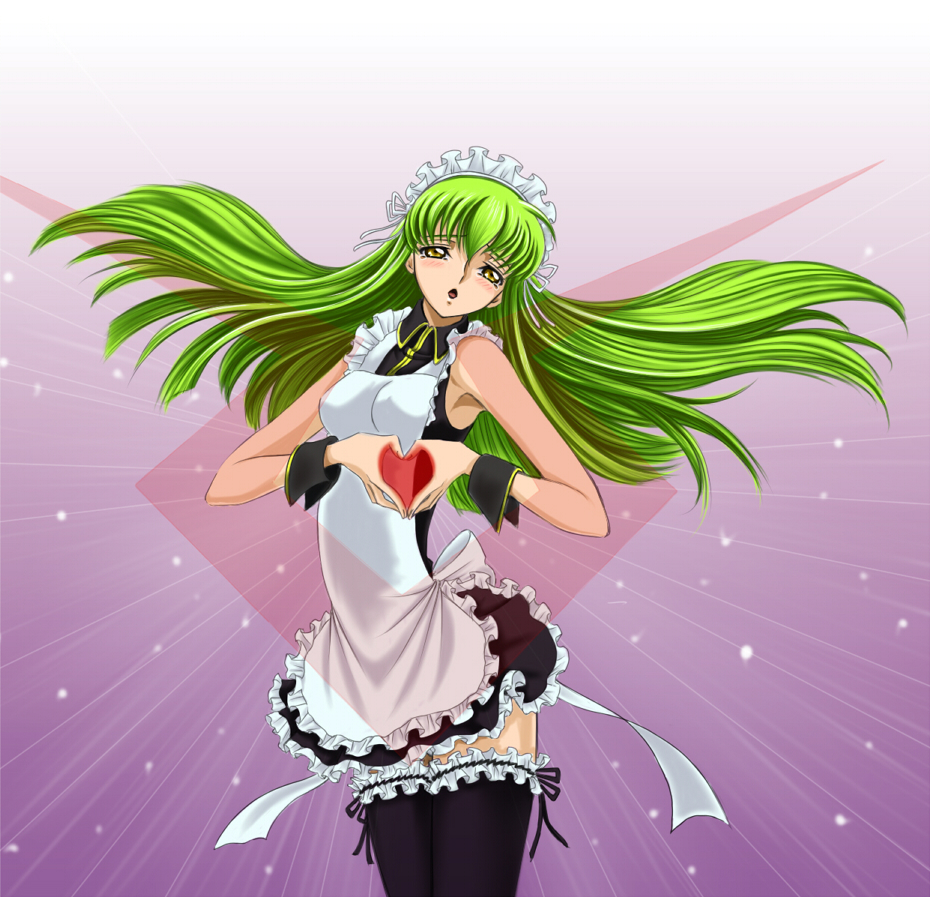 1girl, alternate_costume, apron, blush, c.c., code_geass, enmaided, female_focus