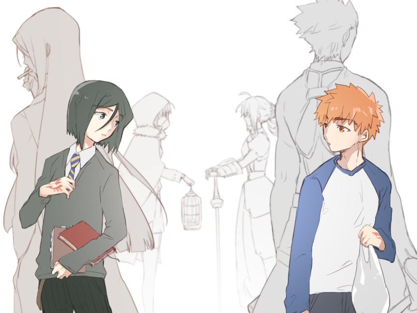 2girls, 4boys, aged_down, aged_up, ahoge, archer_(fate), armor, armored_dress