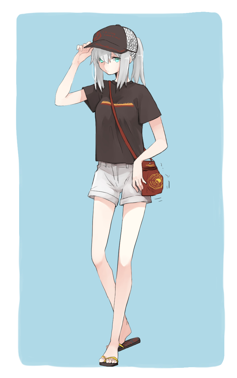 1girl, alternate_costume, alternate_hairstyle, bag, bagua, baseball_cap, blue_background, fate/grand_order