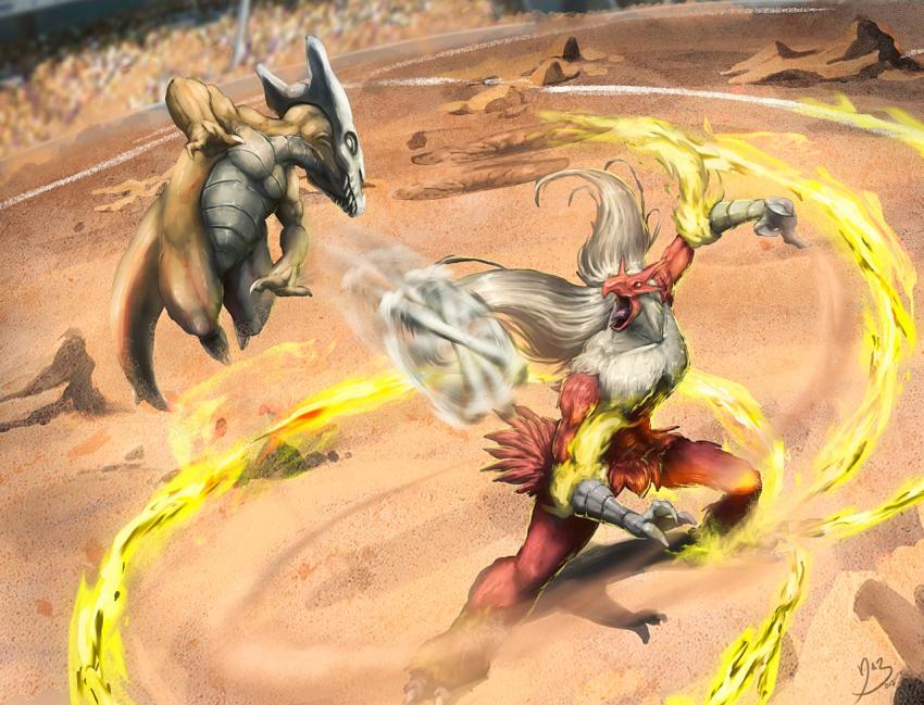 battle, blaze_kick_(pokemon), blaziken, bone_rush_(pokemon), commentary, commission, creature, english_commentary, eye_contact, full_body, furry, gen_1_pokemon, gen_3_pokemon, jumping, legs_apart, looking_at_another, marowak, namh, nintendo, pokemon, pokemon_(creature), pokemon_move, realistic, rock, shadow, signature, skull_on_head, standing