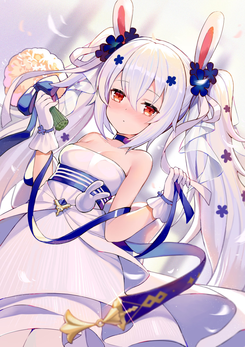 1girl, absurdres, animal_ears, azur_lane, bare_shoulders, blue_choker, blue_flower, blue_ribbon