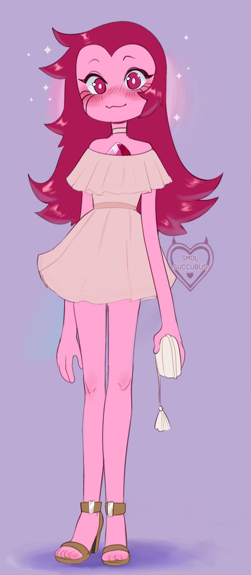 1girl, absurdres, alternate_hairstyle, blush, choker, colored_skin, dress, high_heels, highres, pink_hair, pink_skin, smol_succubus, spinel_(steven_universe), steven_universe