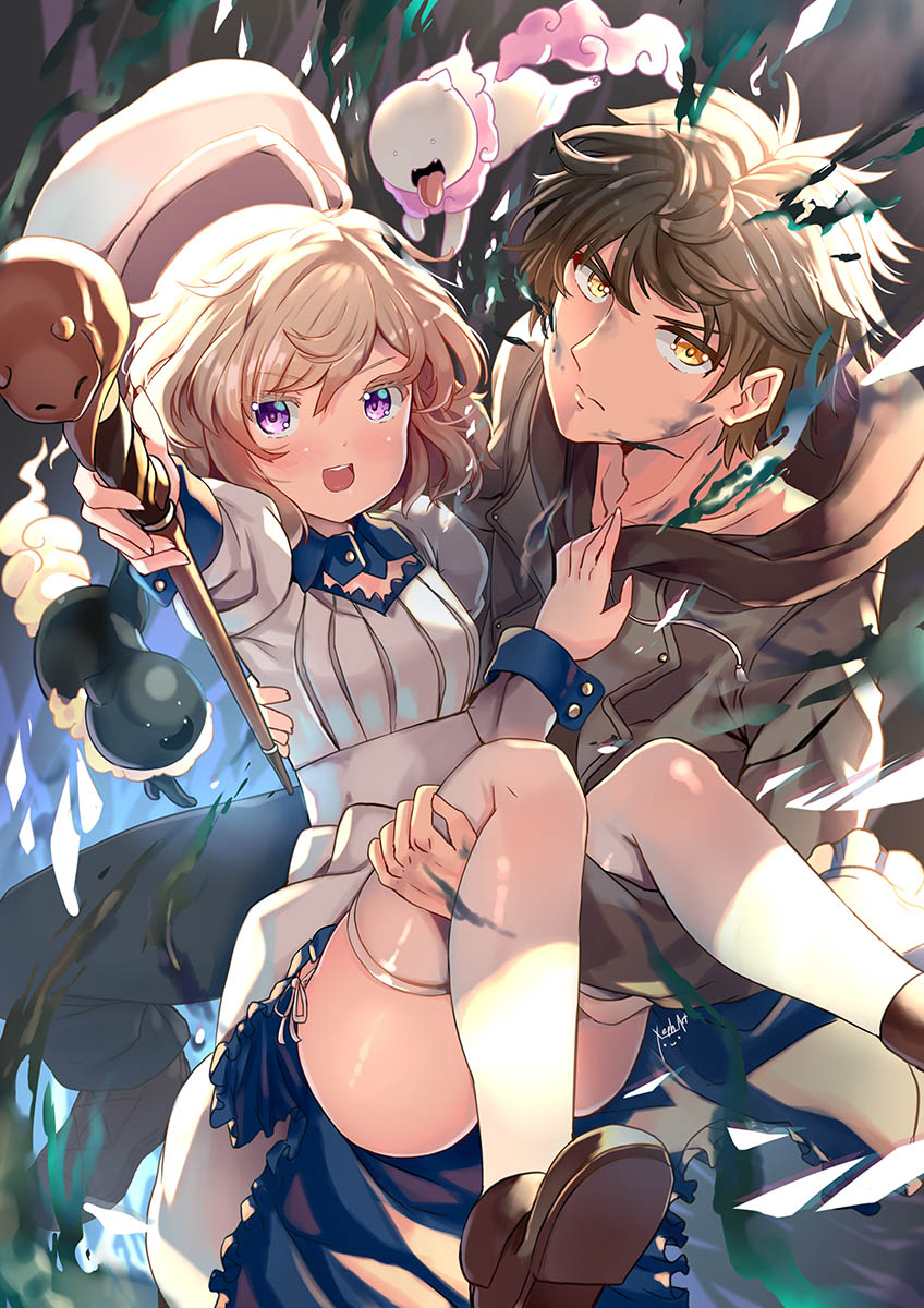 1boy, 1girl, :d, ahoge, backlighting, black_pants, blush, breasts