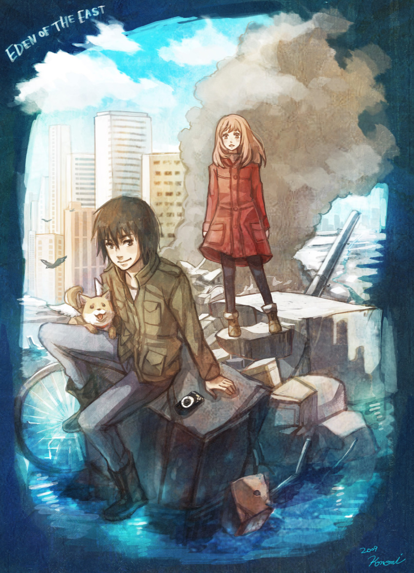 00s, 1boy, 1girl, black_hair, blush, boots, cellphone, cityscape, coat, dog, higashi_no_eden, highres, kino_konomi, konomi821, konomi_(kino_konomi), long_hair, morimi_saki, orange_hair, pantyhose, phone, smile, takizawa_akira