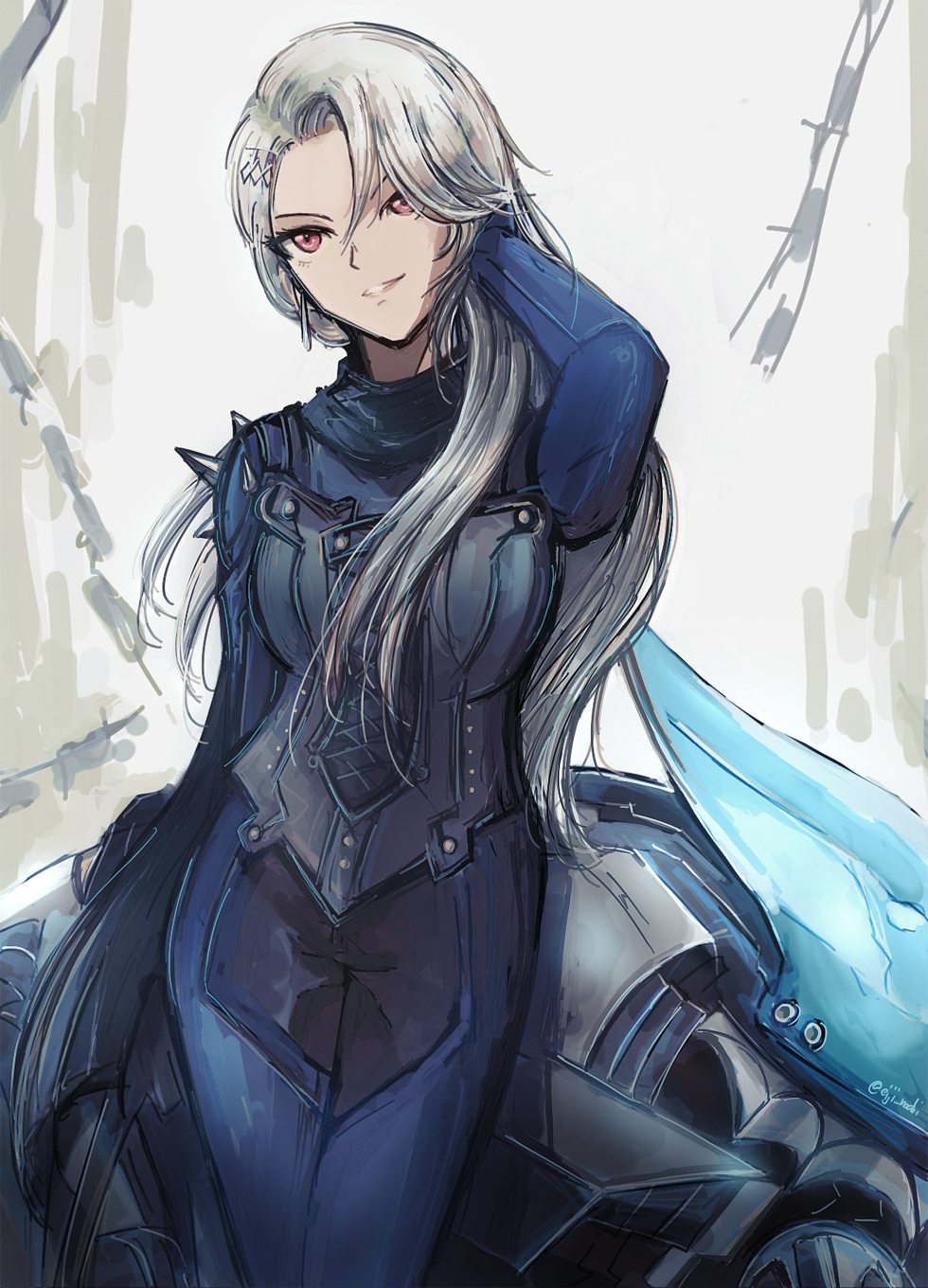 1girl, blue_bodysuit, bodysuit, cosplay, cowboy_shot, eiji_nochi, female_focus, grey_hair