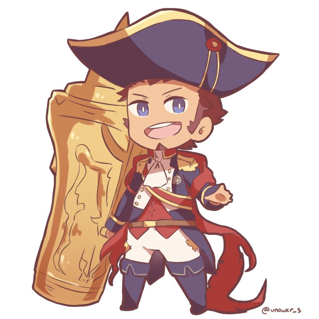 1boy, beard, blue_eyes, boots, brown_hair, cape, chibi, epaulettes