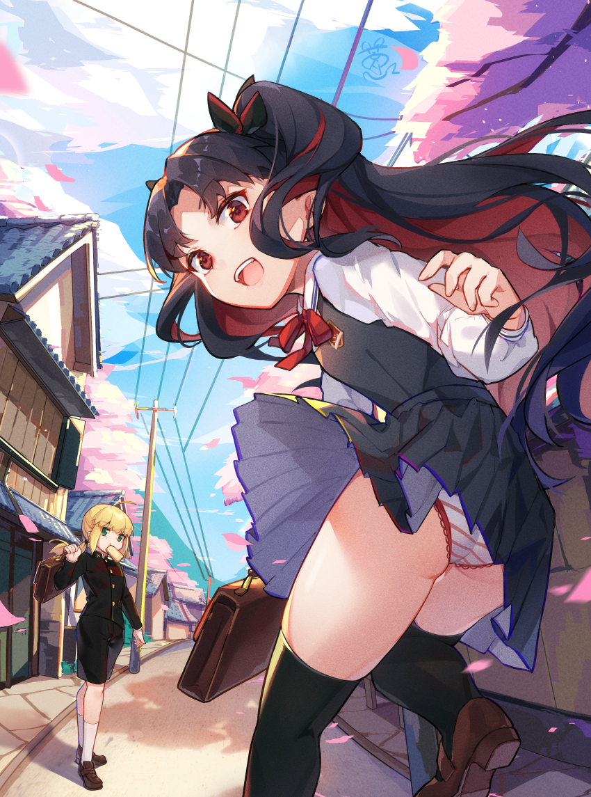 2girls, absurdres, artoria_pendragon_(fate), bag, black_hair, black_skirt, black_socks, blonde_hair, blue_eyes, brown_bag, commentary_request, day, fate/grand_order, fate_(series), food, hair_ribbon, highres, holding, holding_bag, huge_filesize, ishtar_(fate), kneehighs, kotatsu_kaya, long_hair, long_sleeves, looking_at_viewer, multiple_girls, outdoors, panties, pantyshot, ponytail, red_eyes, red_hair, red_panties, red_ribbon, ribbon, saber_(fate), short_hair, skirt, smile, socks, space_ishtar_(fate), space_ishtar_(young)_(fate), striped_clothes, striped_panties, thighhighs, tohsaka_rin, underwear, white_legwear, white_panties