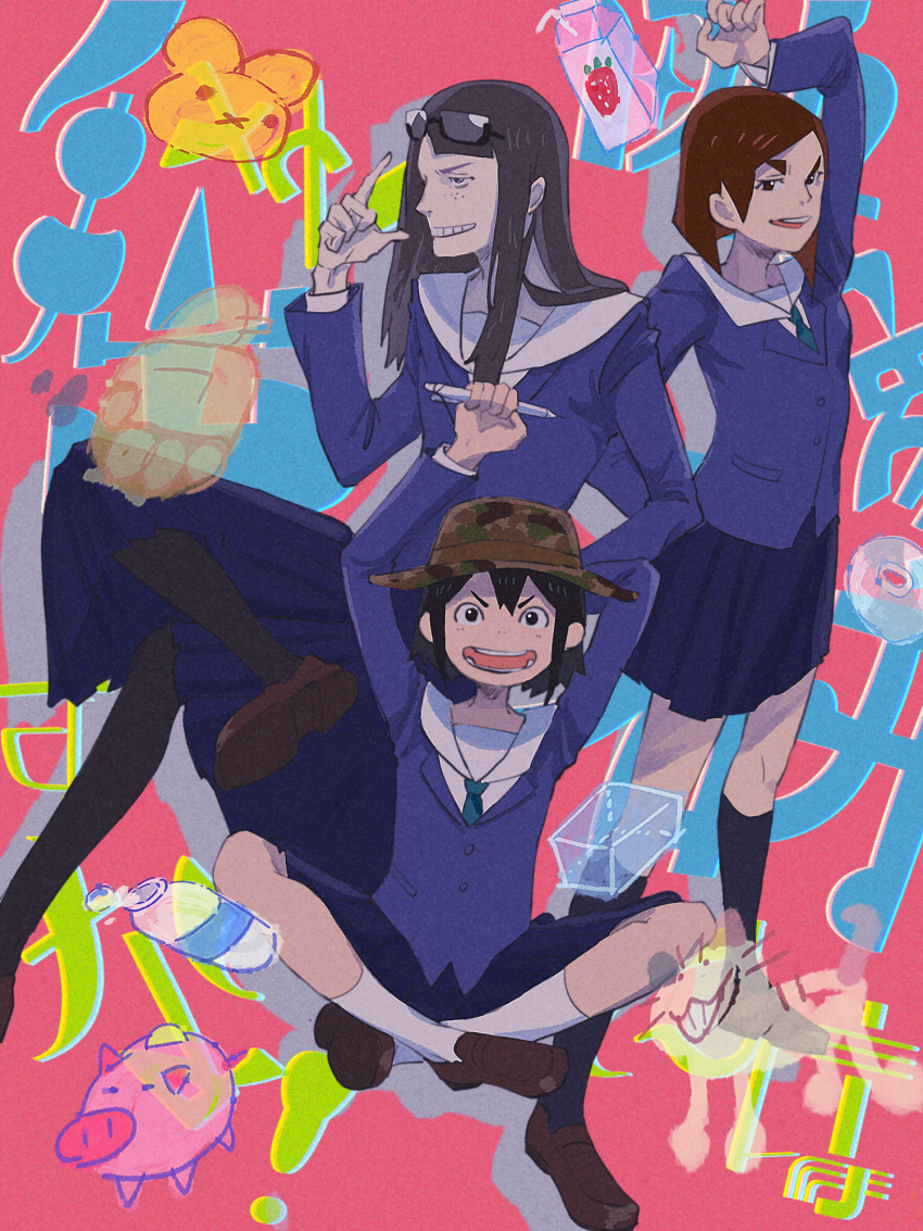 3girls, asakusa_midori, asymmetrical_bangs, black_eyes, black_hair, black_legwear, blazer, blue_skirt