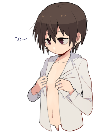 1girl, androgynous, black_hair, collared_shirt, female_focus, hrdrifter, kino_(kino_no_tabi), kino_no_tabi, navel, reverse_trap, shirt, short_hair, simple_background, solo, white_background