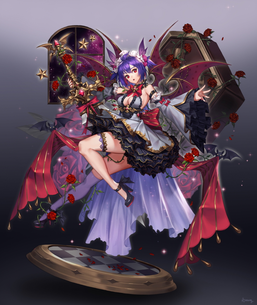 1girl, absurdres, amnag, bat_wings, black_hair, blush, breasts, dress