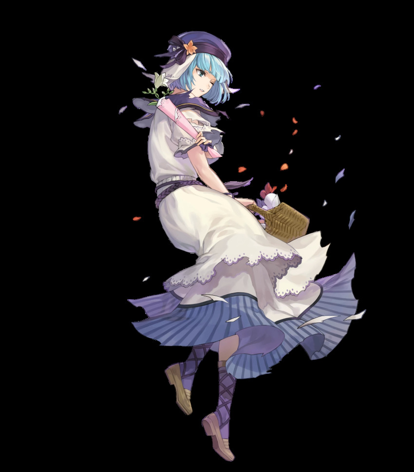 1girl, basket, blue_eyes, blue_hair, breasts, dress, female_focus, fire_emblem