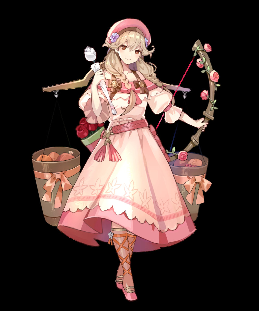 1girl, arrow_(projectile), belt, bouquet, bow_(weapon), braid, brown_eyes, brown_socks