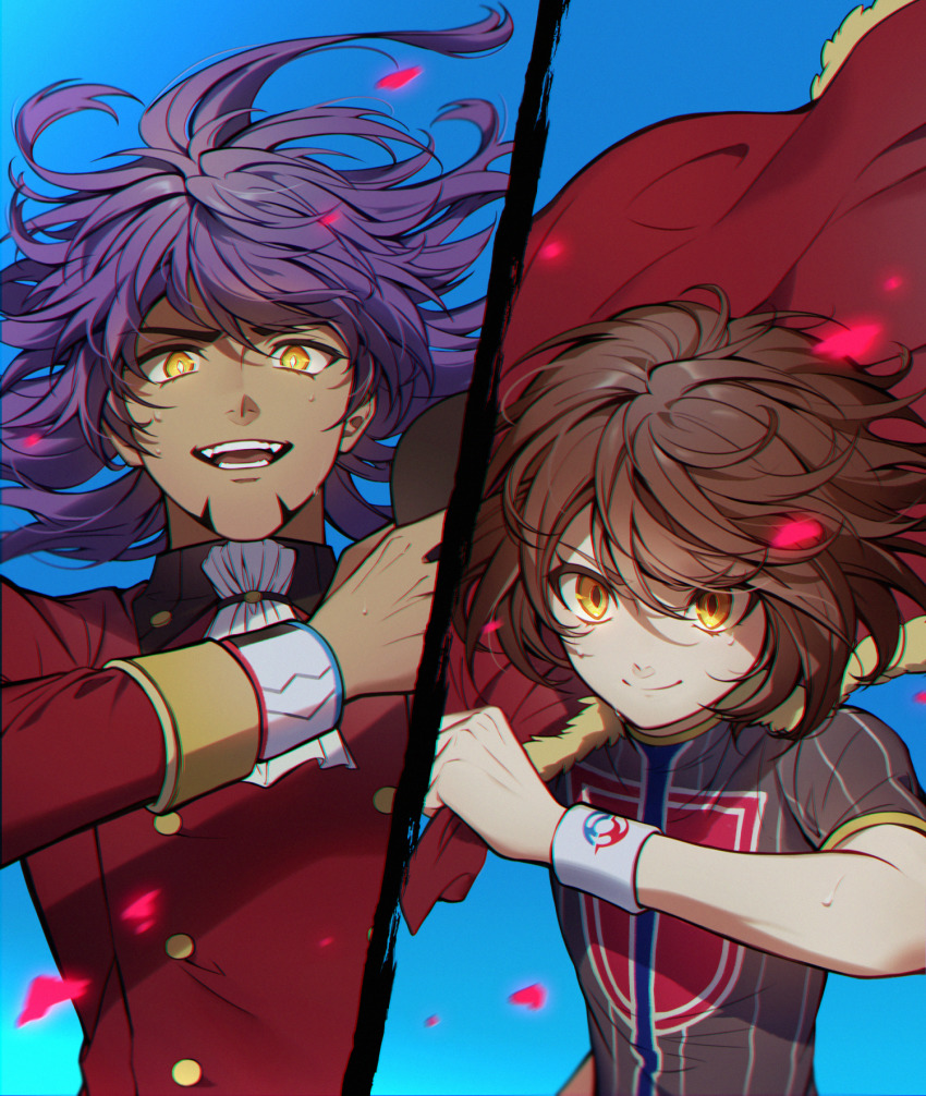 >:), 1boy, 1girl, ascot, blue_background, bright_pupils, brown_hair, cape, closed_mouth, commentary, english_commentary, gloria_(pokemon), highres, holding, jersey, leon_(pokemon), long_hair, long_sleeves, mohazzing, motion_blur, nintendo, petals, pokemon, pokemon_sword_and_shield, purple_hair, red_cape, serious, short_hair, short_sleeves, sweat, unworn_cape, upper_body, v-shaped_eyebrows, white_ascot, yellow_eyes