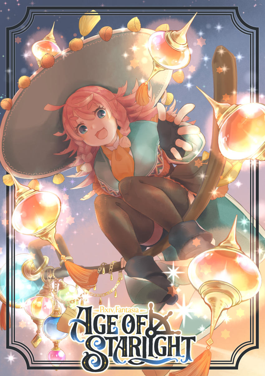 1girl, :d, alternate_form, black_footwear, blue_eyes, braid, brown_thighhighs, crystal_witch_chocolatte