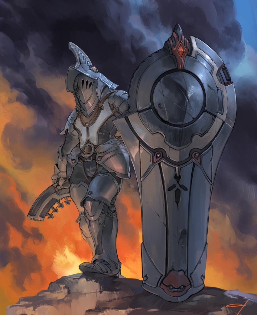 armor, belt, donovan_(pixiv_fantasia_age_of_starlight), helmet, highres, nishiki_areku, outdoors, pixiv_fantasia, pixiv_fantasia_age_of_starlight, shield, smoke, standing