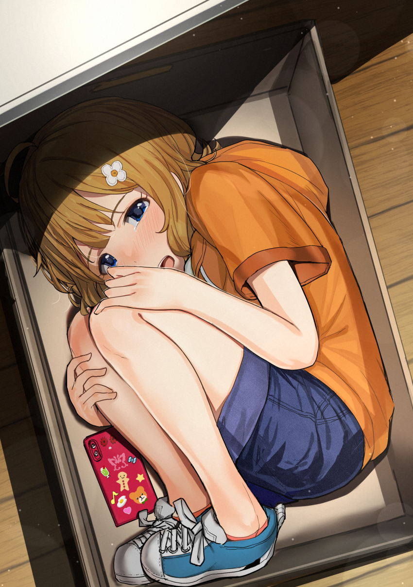 1girl, absurdres, bare_legs, blue_eyes, blue_shoes, blue_shorts, blush, box