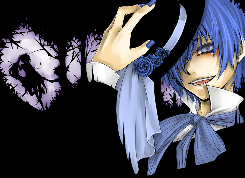 blue_eyes, blue_hair, flower, hair_over_one_eye, hat, hatsune_miku, kaito_(vocaloid), long_hair