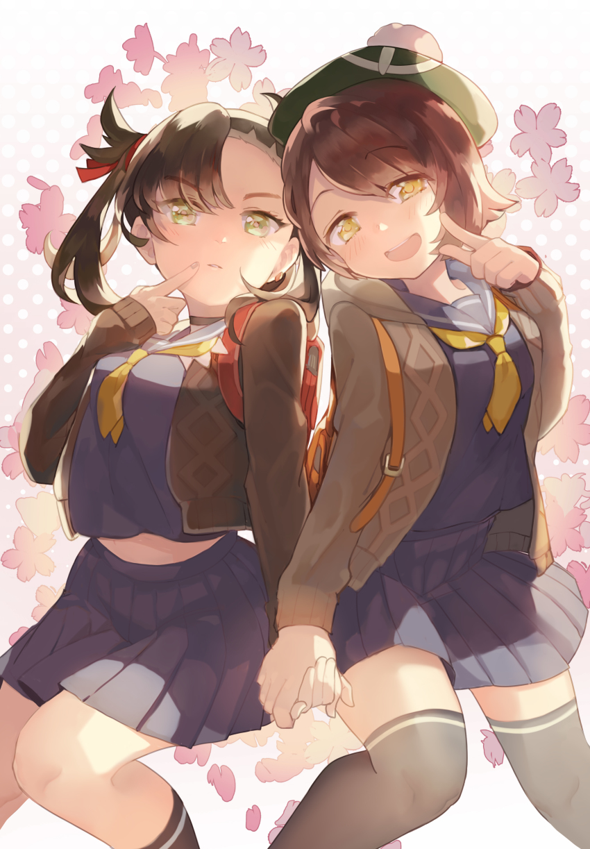 2girls, absurdres, black_hair, black_skirt, black_socks, blush, breasts, brown_hair, cardigan, commentary_request, dollyly21, frown, gloria_(pokemon), green_eyes, green_headwear, hair_ribbon, highres, holding_hands, kneehighs, long_hair, long_sleeves, looking_at_viewer, marnie_(pokemon), medium_breasts, multiple_girls, nintendo, pokemon, pokemon_sword_and_shield, ribbon, school_uniform, serafuku, short_hair, skirt, smile, socks, teeth, thighhighs, upper_teeth_only, yellow_eyes