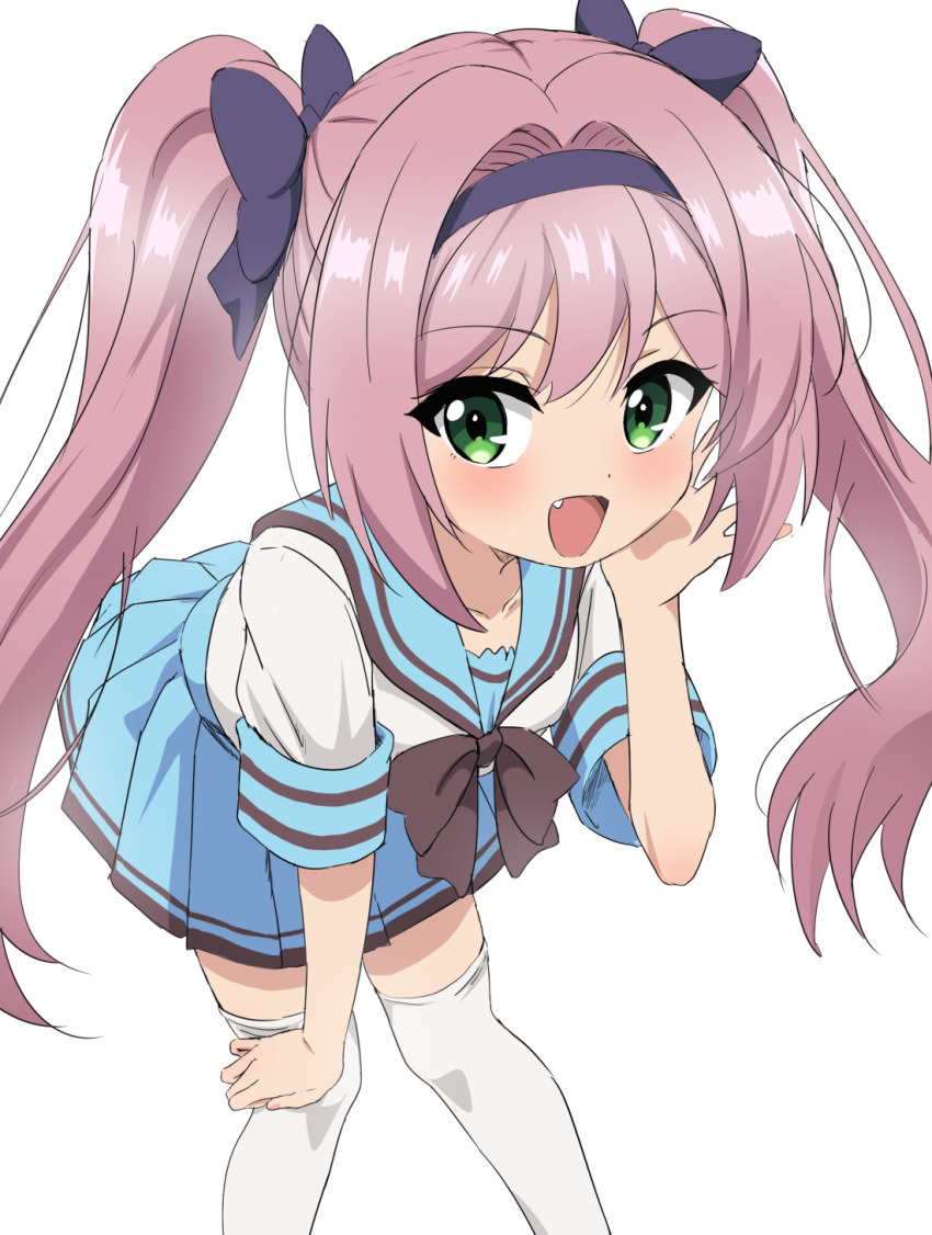1girl, :d, black_bow, black_hairband, blue_serafuku, blush, bow, bowtie
