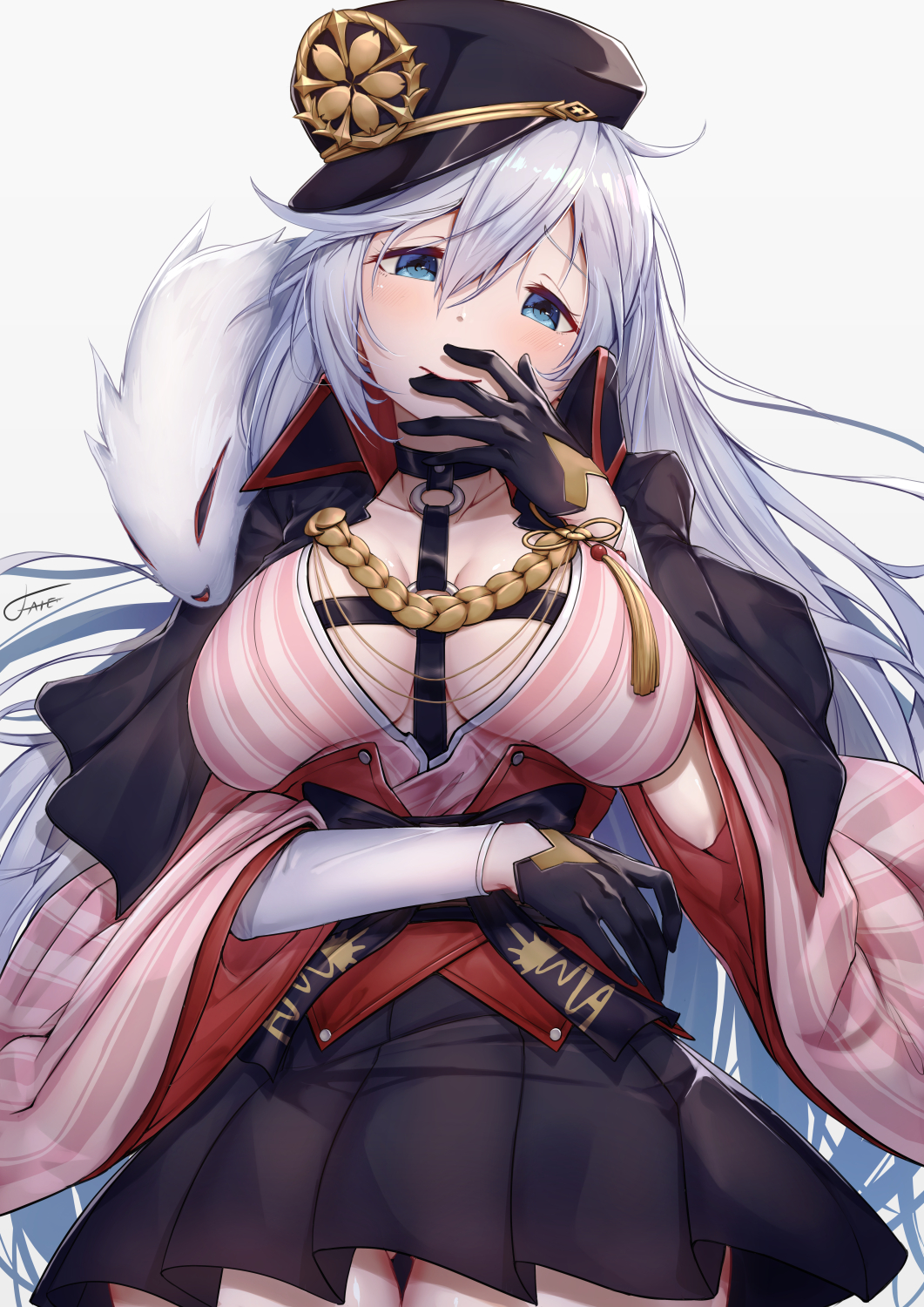 1girl, black_hat, black_jacket, black_skirt, blue_eyes, blush, breasts, cleavage, commentary_request, female_focus, finger_in_own_mouth, gloves, gluteal_fold, hat, high_collar, highres, honkai_(series), honkai_impact_3rd, jacket, jacket_on_shoulders, kallen_kaslana, kallen_kaslana_(hanami_daimyo), large_breasts, long_hair, long_sleeves, messy_hair, military_hat, multicolored_gloves, peaked_cap, pleated_skirt, silver_hair, skirt, smile, solo, wide_sleeves, xfate