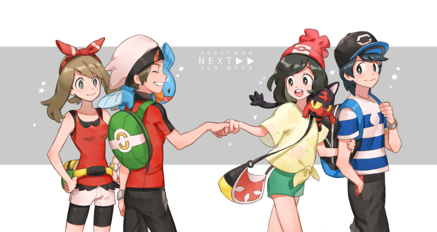 2boys, 2girls, backpack, bag, baseball_cap, beanie, black_eyes, black_hair