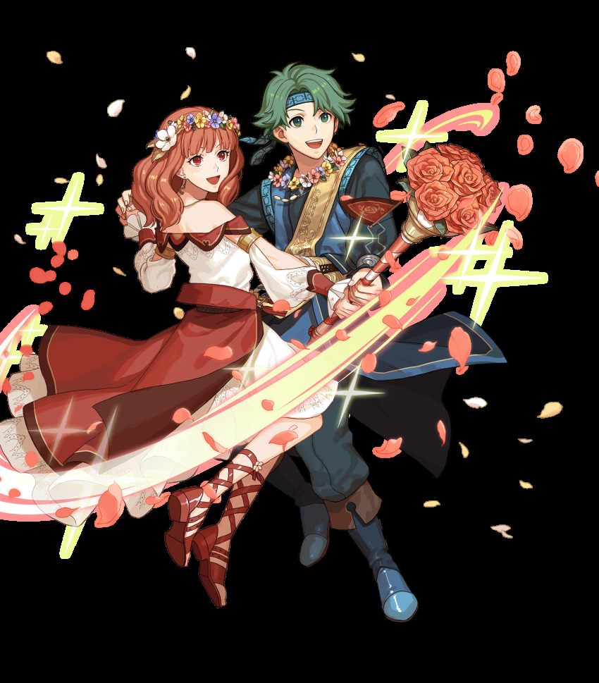 1boy, 1girl, alm_(fire_emblem), alm_(valentine)_(fire_emblem), alternate_costume, belt, boots, bouquet