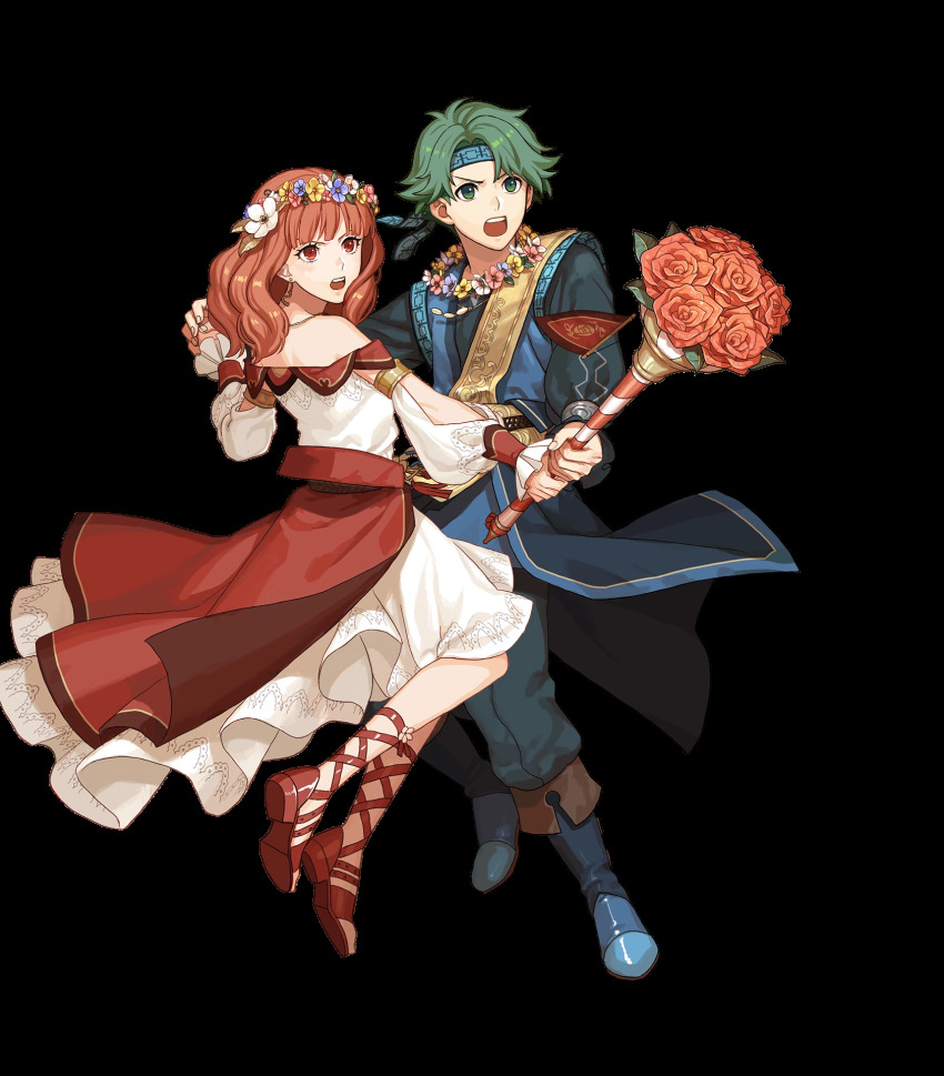1boy, 1girl, alm_(fire_emblem), alm_(valentine)_(fire_emblem), alternate_costume, belt, boots, bouquet