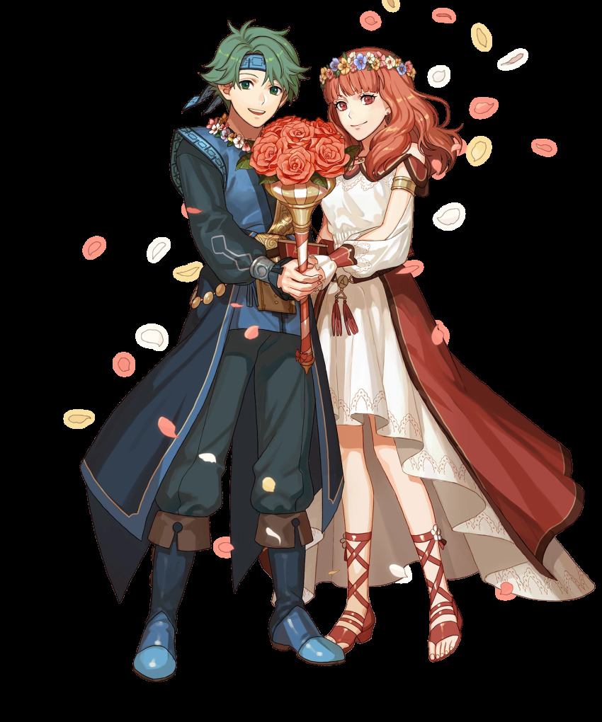 1boy, 1girl, alm_(fire_emblem), alm_(valentine)_(fire_emblem), alternate_costume, belt, boots, bouquet