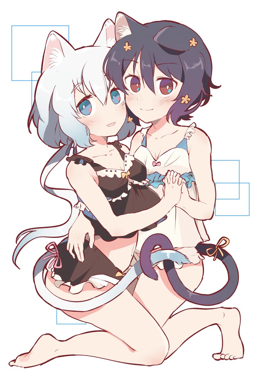 2girls, absurdres, barefoot, black_hair, black_panties, black_skirt, blue_eyes, bow_camisole