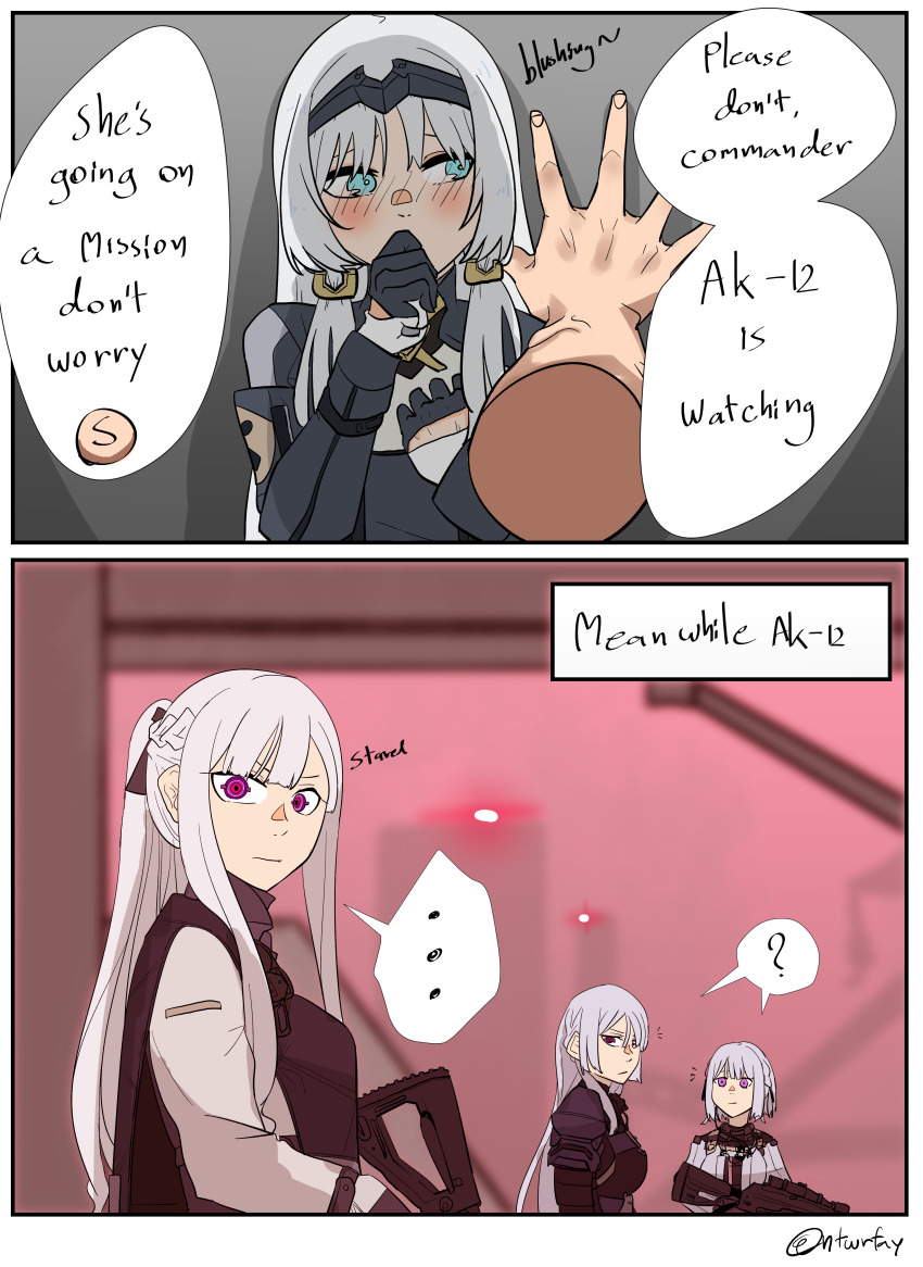 ..., 2koma, 4girls, ?, absurdres, ak-12_(girls'_frontline), ak-15_(girls'_frontline), an-94_(girls'_frontline), artificial_eye, bad_id, bad_pixiv_id, blue_eyes, blush, braid, closed_mouth, comic, defy_(girls'_frontline), disembodied_hand, english_text, girls'_frontline, gloves, gun, half_gloves, highres, holding, holding_gun, holding_weapon, kabedon, long_hair, long_sleeves, mechanical_eyes, multiple_girls, natawaru, purple_eyes, rpk-16_(girls'_frontline), short_hair, single_mechanical_eye, speech_bubble, spoken_ellipsis, spoken_question_mark, unusually_open_eyes, weapon, white_hair