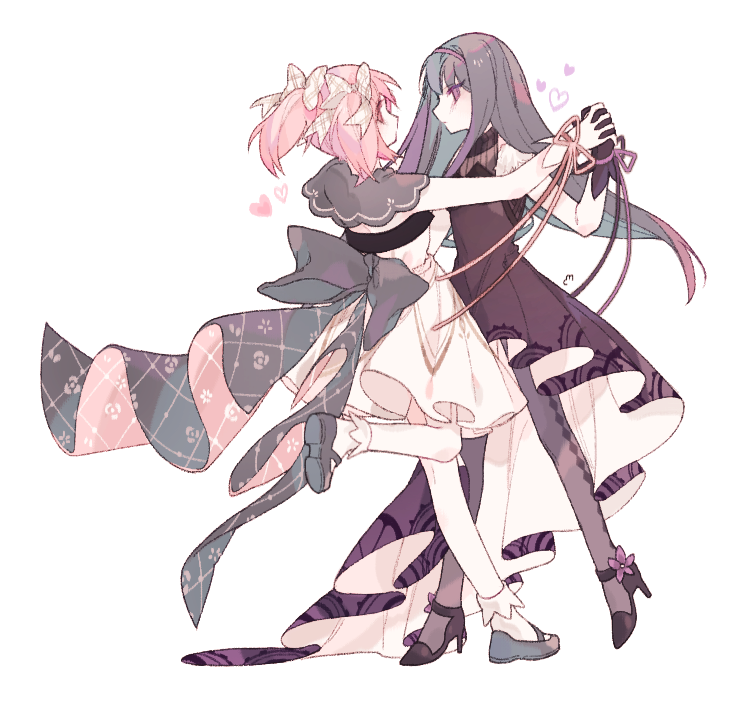 2girls, akemi_homura, argyle_clothes, argyle_legwear, black_capelet, black_dress, black_footwear, black_gloves