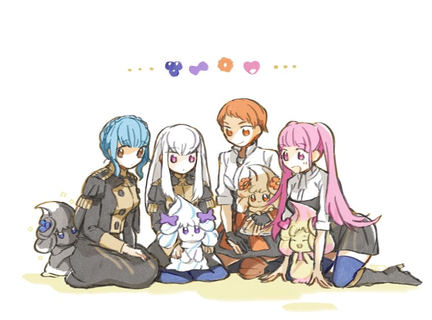 4girls, ^_^, alcremie, alcremie_(berry_sweet), alcremie_(caramel_swirl), alcremie_(flower_sweet), alcremie_(love_sweet), alcremie_(mint_cream)