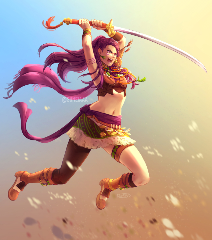 1girl, angry, anklet, arm_tattoo, arms_up, bead_necklace, beads, boots