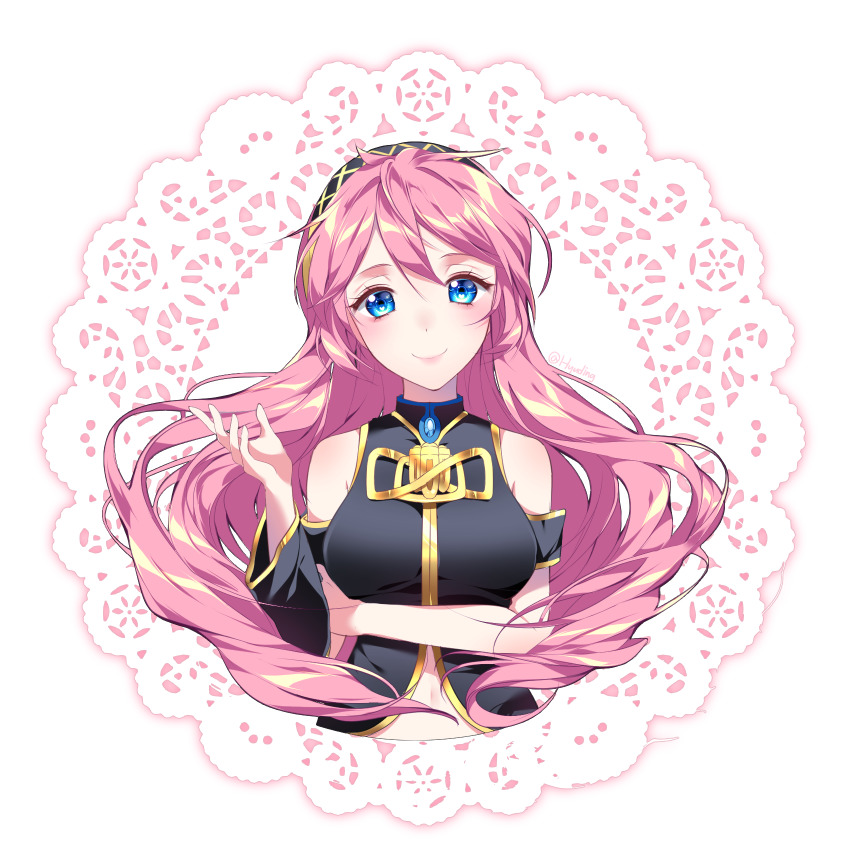 1girl, arm_under_breasts, armlet, bare_arms, bare_shoulders, blue_eyes, blush, breasts