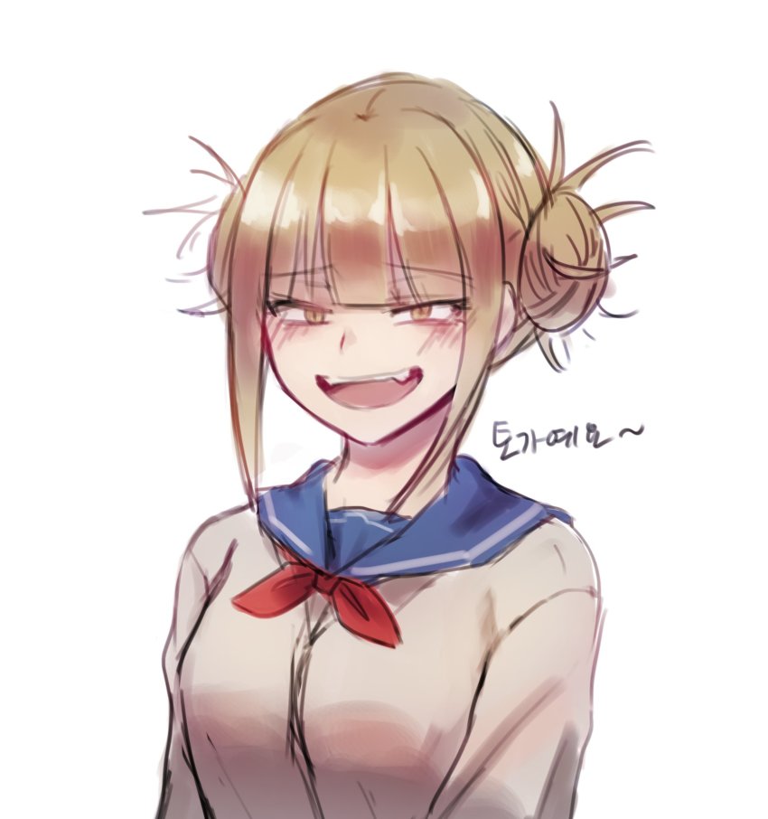 1girl, blonde_hair, blunt_bangs, boku_no_hero_academia, cardigan, double_bun, fangs, female_focus