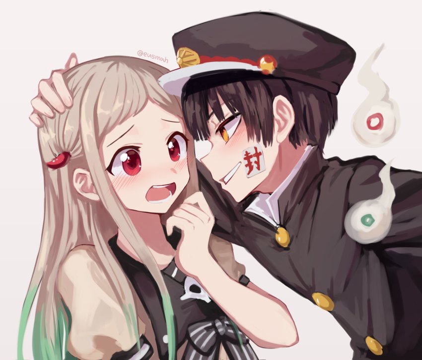 1boy, 1girl, :d, black_hair, black_jacket, black_sailor_collar, blush, commentary_request