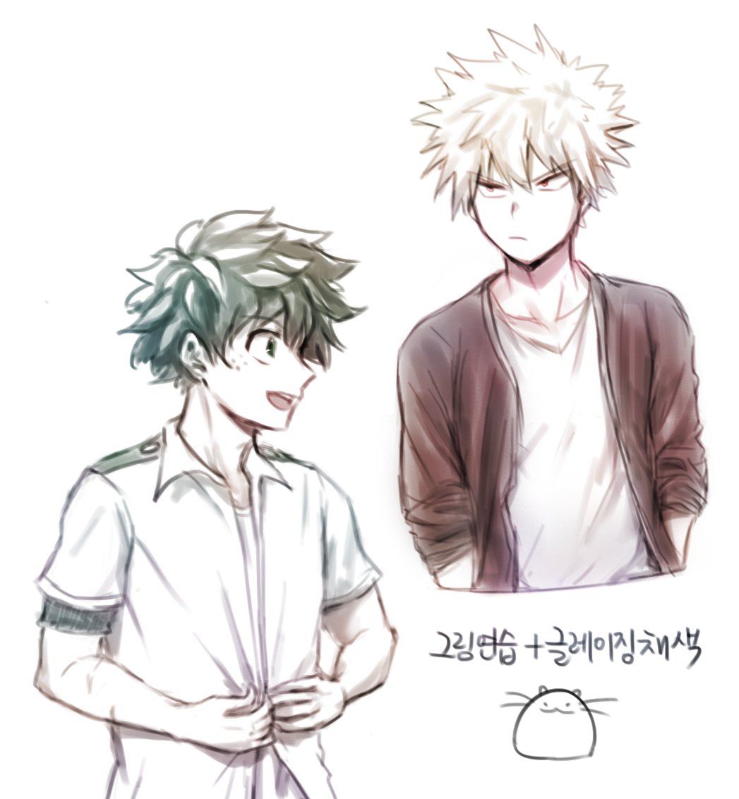 2boys, artist_logo, bakugou_katsuki, blonde_hair, boku_no_hero_academia, buttoning, collarbone, commentary_request