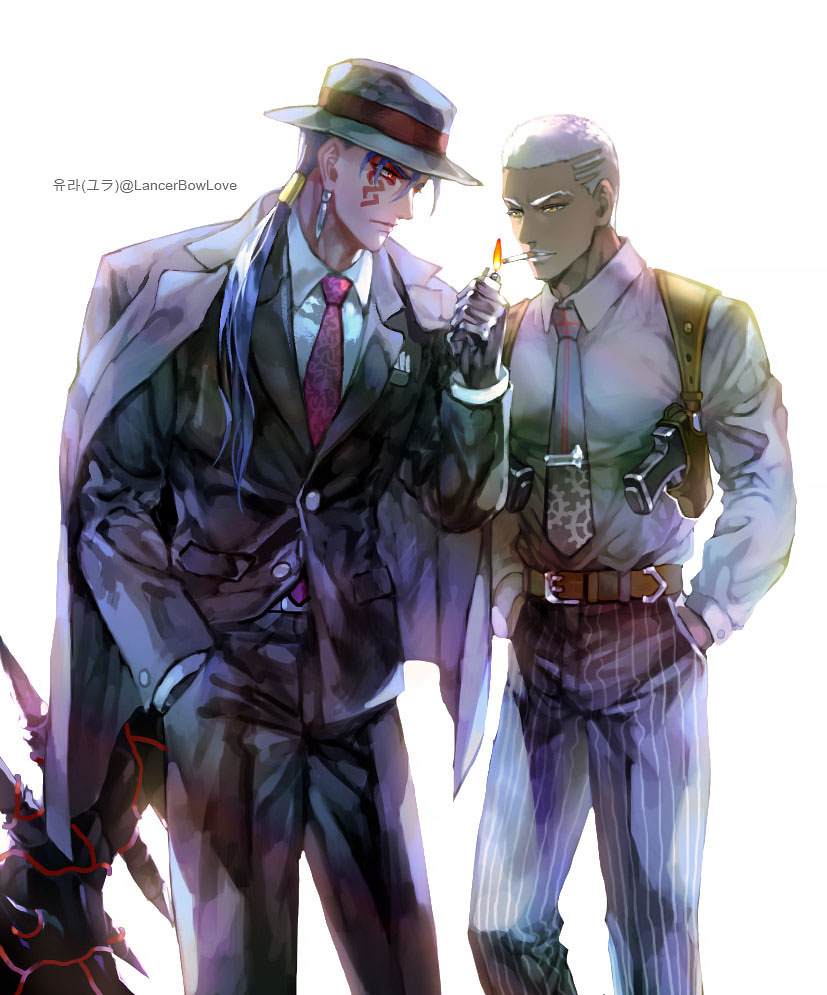 2boys, blue_hair, buzz_cut, cigarette, cu_chulainn_(fate), cu_chulainn_alter_(fate), cu_chulainn_alter_(fate/grand_order), cu_chulainn_alter_(formal_dress)_(fate)
