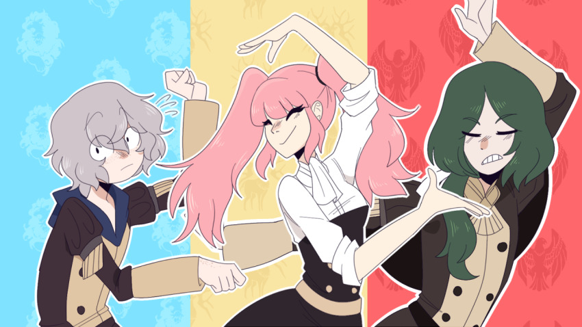 1girl, 2boys, arm_up, ashe_ubert, black_eyes, closed_eyes, easy_breezy, eizouken_ni_wa_te_wo_dasu_na!