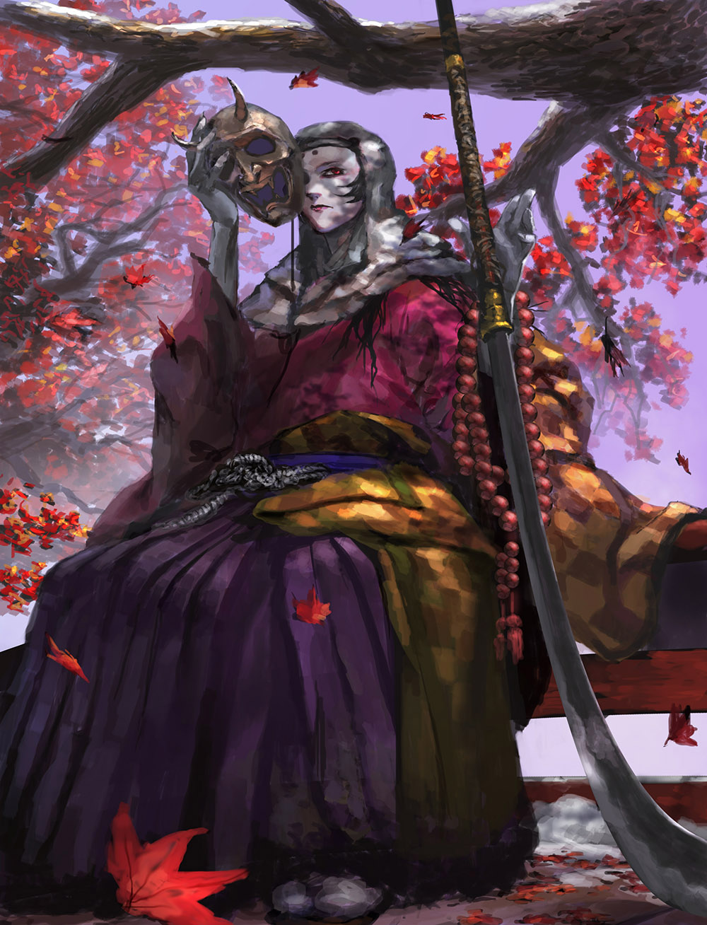 1girl, chuno_(akiaji81), closed_mouth, corrupted_monk, female_focus, hakama, hakama_skirt, highres, holding, holding_sword, holding_weapon, japanese_clothes, leaf, long_sleeves, looking_at_viewer, maple_leaf, mask, oni_mask, outdoors, pale_skin, plant, planted, planted_sword, planted_weapon, purple_hakama, red_eyes, sekiro:_shadows_die_twice, sitting, skirt, sky, solo, sword, tabi, tree, uchigatana, weapon, wide_sleeves