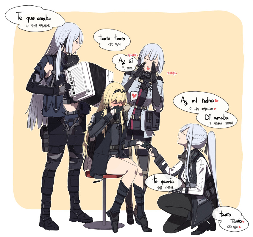 4girls, accordion, ak-12_(girls'_frontline), ak-15_(girls'_frontline), an-94_(girls'_frontline), black_gloves, blonde_hair, blush