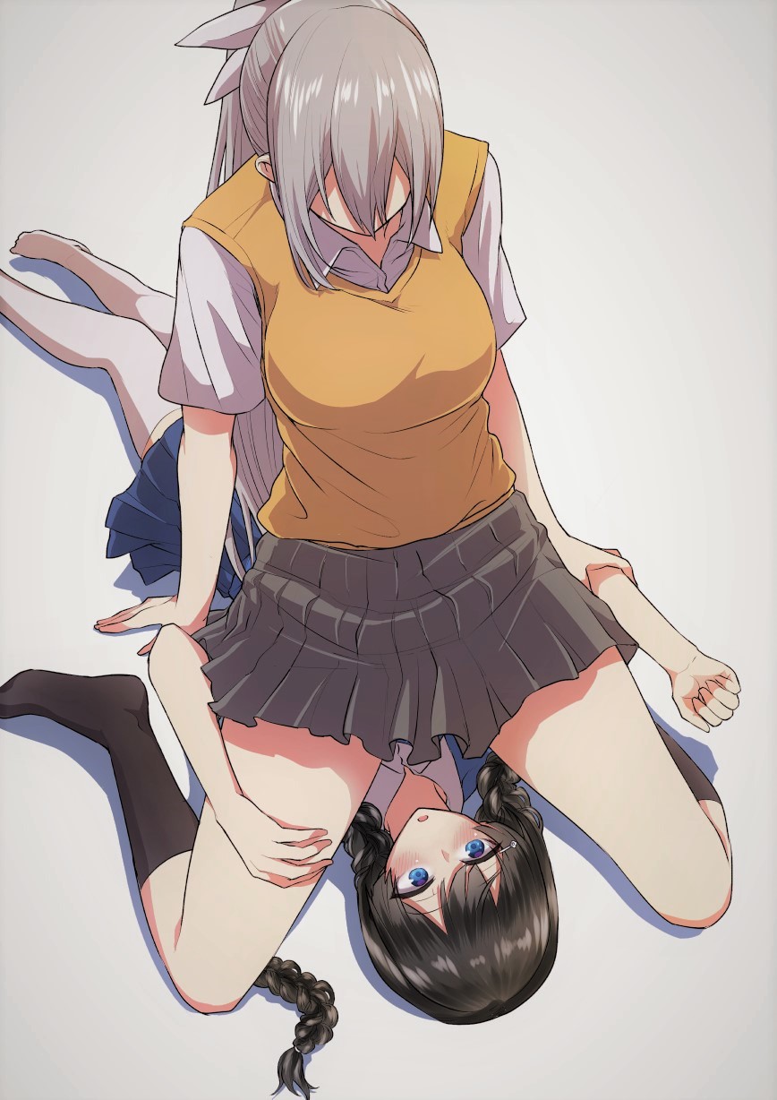 2girls, black_hair, blazer, blue_eyes, blush, bow, braid, breasts, brown_cardigan, cardigan, cardigan_vest, from_above, grey_hair, hair_ornament, hairclip, highres, higuchi_kaede, higuchi_kaede_(summer_uniform), jacket, large_breasts, long_hair, looking_at_another, looking_down, multiple_girls, nijisanji, open_clothes, open_jacket, plaid_clothes, plaid_skirt, ponytail, ricochet-gou, school_uniform, sitting, sitting_on_person, skirt, tsukino_mito, tsukino_mito_(summer_uniform), twin_braids, very_long_hair, virtual_youtuber, white_bow, yuri