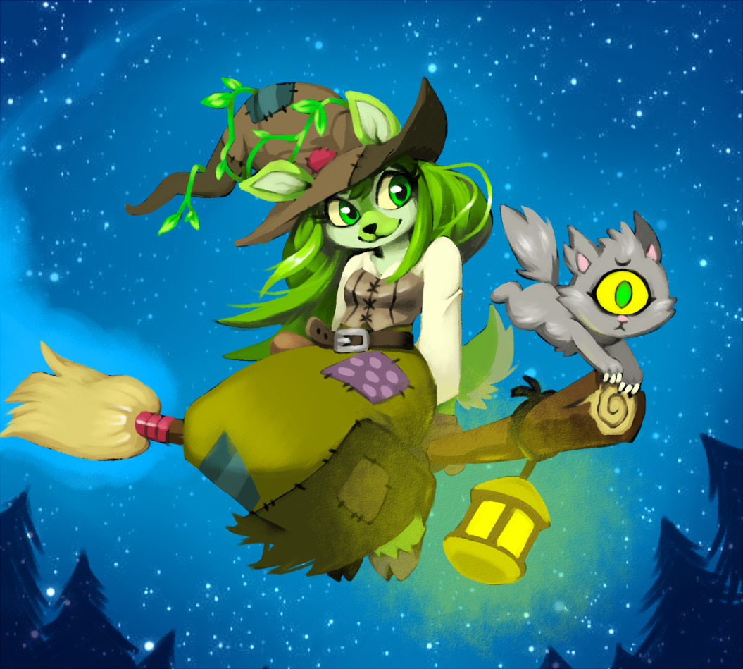 1girl, achyfi, breasts, broom, cat, commentary, dress, english_commentary, eyelashes, flying, full_body, furry, furry_female, green_eyes, green_hair, happy, hat, ixi_(neopets), meowclops, neopets, night, outdoors, patch, petpet, pine_tree, single_eye, sky, small_breasts, smile, sophie_the_swamp_witch, star_(sky), starry_sky, tree, witch, witch_hat