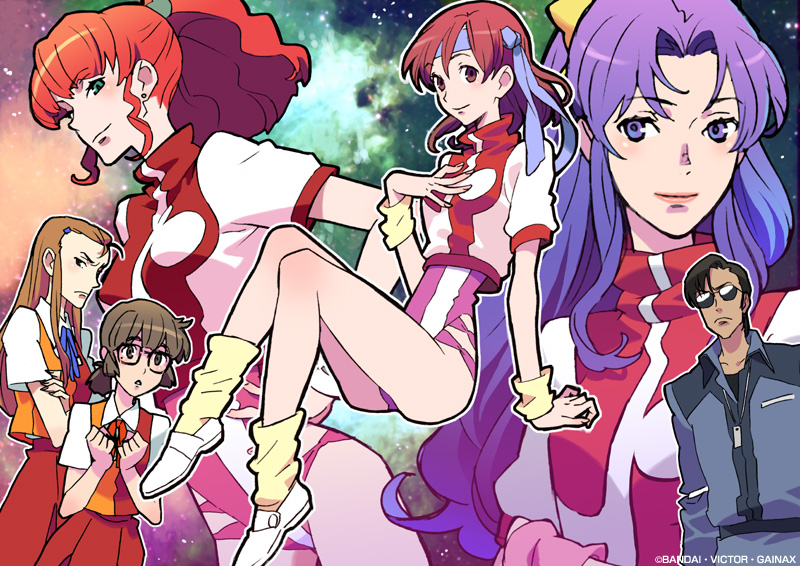 1boy, 5girls, amano_kazumi, arm_support, blue_eyes, blue_hair, bow, brown_eyes, brown_hair, curly_hair, earrings, gainaxtop, glasses, green_eyes, hair_ornament, hairclip, hand_on_own_hip, hashii_chizu, headband, higuchi_kimiko, invisible_chair, jewelry, jung_freud, koichiro_ohta, leg_warmers, leotard, long_hair, looking_at_another, looking_at_viewer, loose_socks, multiple_girls, oota_kouichirou, parted_bangs, pleated_skirt, ponytail, purple_eyes, purple_hair, red_hair, school_uniform, serafuku, sitting, skirt, smile, socks, space, sunglasses, takaya_noriko, top_wo_nerae!, top_wo_nerae!_(series), turtleneck, whistle, wristband